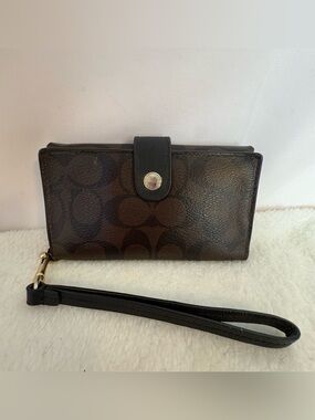 Coach Brown and Black Signature Wristlet compact bifold wallet